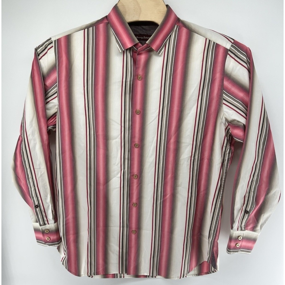 Tommy Bahama Long Sleeved Shirt Large Cotton Silk Blend Vertical Stripes Reds